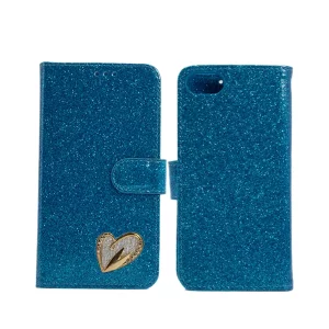 Shiny Leather Glitter Book Case for iPhone 8 blue